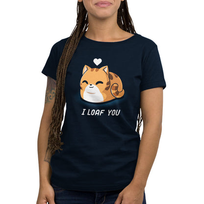 Premium Cotton T-shirt_TeeTurtle I Loaf You navy blue t-shirt featuring a smiling, loaf-shaped orange cat with a heart above its head and the caption "I Loaf You."