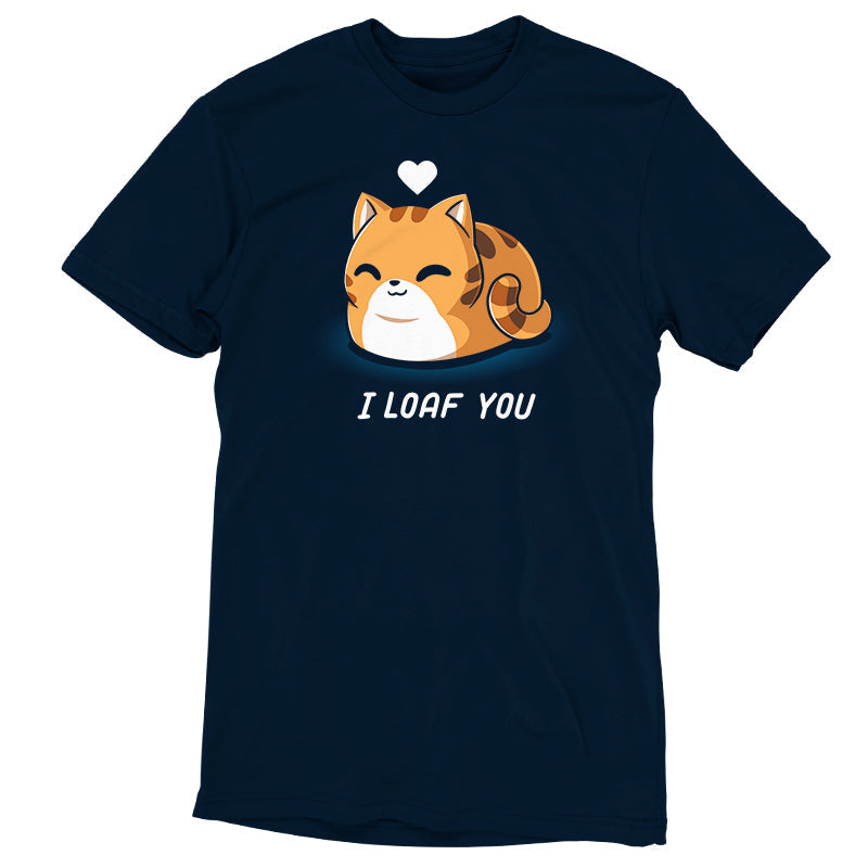 Premium Cotton T-shirt_TeeTurtle I Loaf You navy blue t-shirt featuring a smiling, loaf-shaped orange cat with a heart above its head and the caption "I Loaf You."