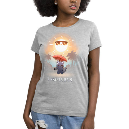 Premium Cotton T-shirt_TeeTurtle silver gray I Prefer Rain featuring a grumpy cat holding an umbrella with the sun shining overhead.