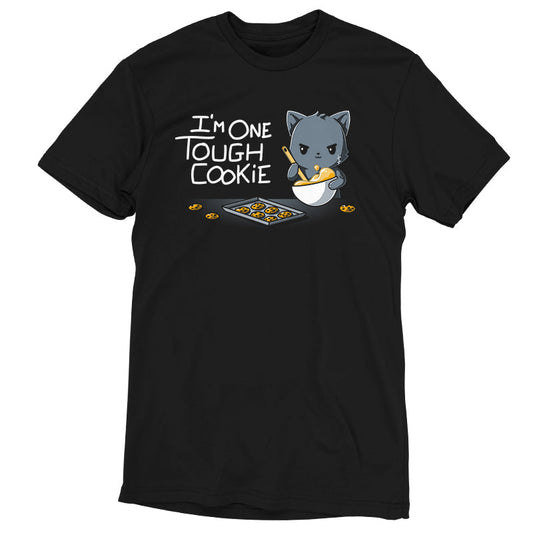 Premium Cotton T-shirt_TeeTurtle I'm One Tough Cookie black t-shirt featuring a tough cat baking cookies.