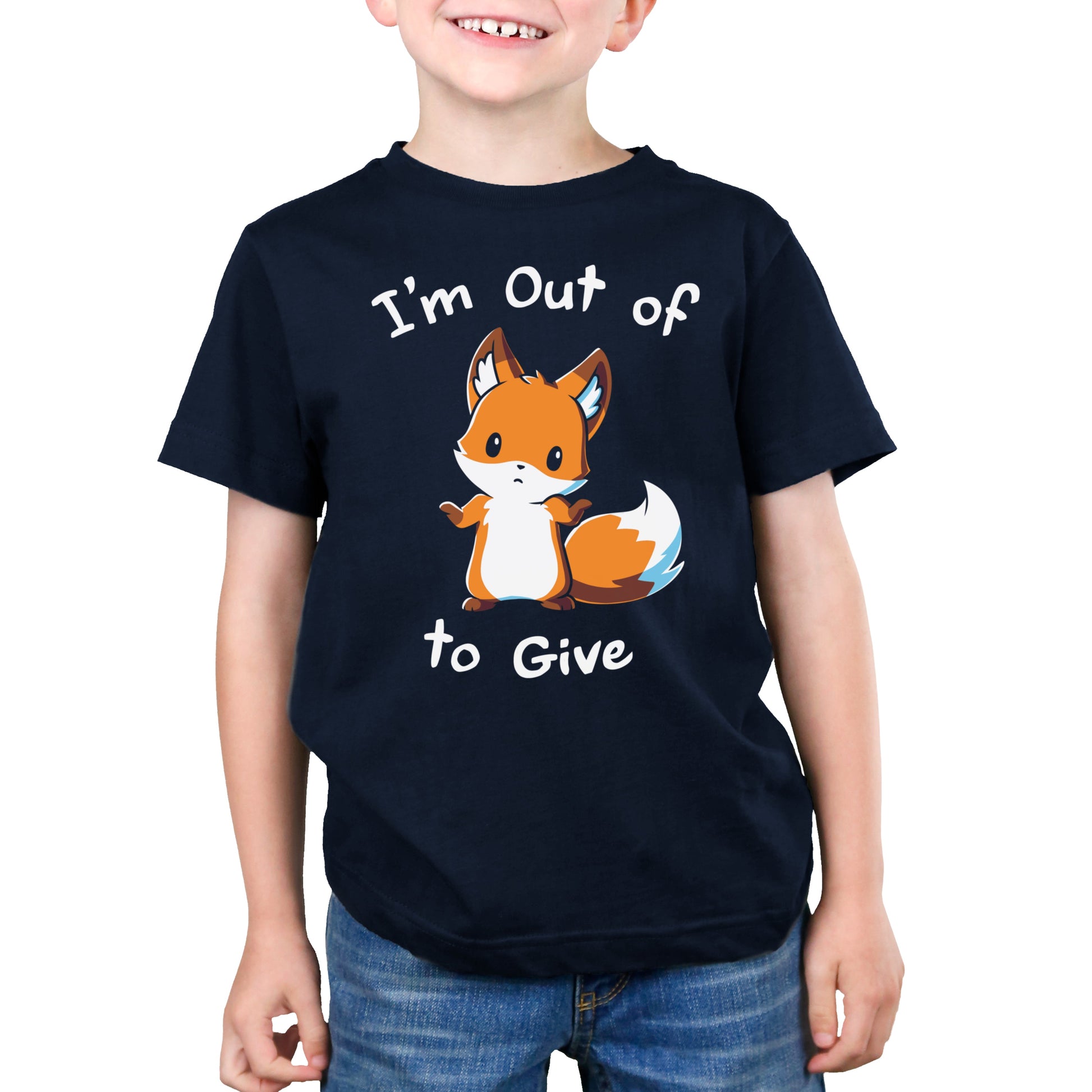 Premium Cotton T-shirt_TeeTurtle I'm Out of Fox to Give navy blue t-shirt featuring a sarcastic fox shrugging.