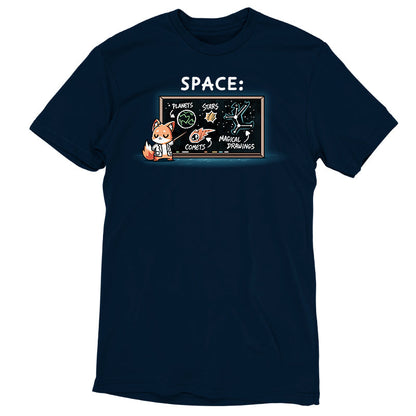 Premium Cotton T-shirt - A navy blue apparel made from super soft ringspun cotton featuring a cartoon fox teaching about space in front of a chalkboard. The board shows labeled drawings of "planets," "stars," "comets," and "magical dolphins. Introducing the Interstellar Knowledge by monsterdigital.