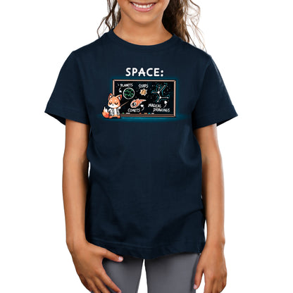 Premium Cotton T-shirt - Child wearing a super soft ringspun cotton navy blue apparel featuring a cat in a lab coat standing in front of a chalkboard that displays space-themed drawings, including planets, stars, and comets. The apparel is called Interstellar Knowledge by monsterdigital.