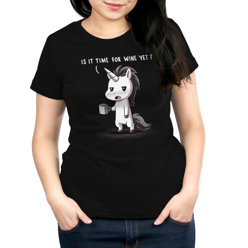 Premium Cotton T-shirt_TeeTurtle Is It Time For Wine Yet? black t-shirt featuring a unicorn holding a coffee mug with an annoyed expression and text above its head asking, "Is it time for wine yet?"