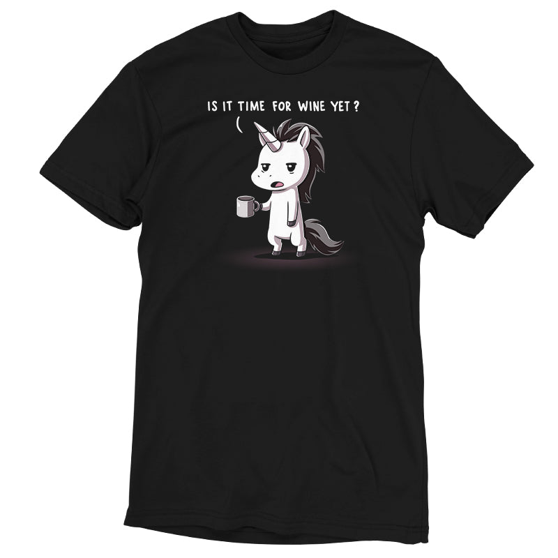 Premium Cotton T-shirt_TeeTurtle Is It Time For Wine Yet? black t-shirt featuring a unicorn holding a coffee mug with an annoyed expression and text above its head asking, "Is it time for wine yet?"