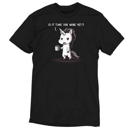 Premium Cotton T-shirt_TeeTurtle Is It Time For Wine Yet? black t-shirt featuring a unicorn holding a coffee mug with an annoyed expression and text above its head asking, "Is it time for wine yet?"