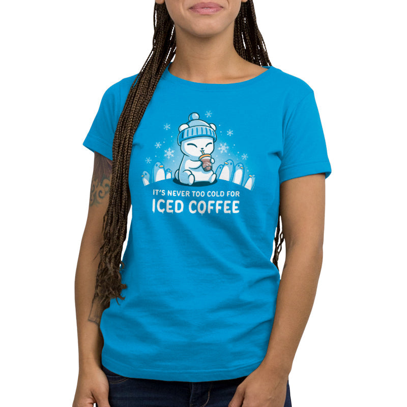 Premium Cotton T-shirt_TeeTurtle cobalt blue It's Never Too Cold for Iced Coffee apparel featuring a polar bear drinking iced coffee surrounded by penguins while it's snowing.