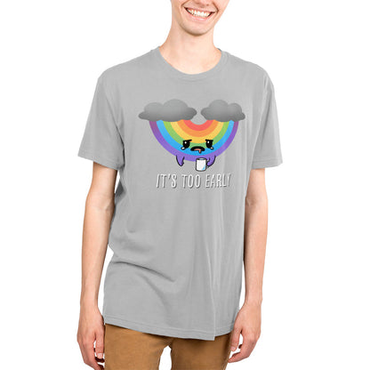 Premium Cotton T-shirt_TeeTurtle It's Too Early (Rainbow) silver gray t-shirt featuring an upside down, tired looking rainbow with storm clouds, holding a cup of coffee.