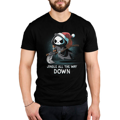 Premium Cotton T-shirt_TeeTurtle black Jingle All the Way Down apparel featuring the Grim Reaper wearing a Santa hat carrying a sack, and scythe.