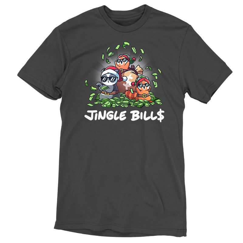 Premium Cotton T-shirt_TeeTurtle charcoal gray Jingle Bills apparel featuring a panda, and two red pandas wearing Santa hats and sunglasses sitting on a pile of money and throwing bills in the air.