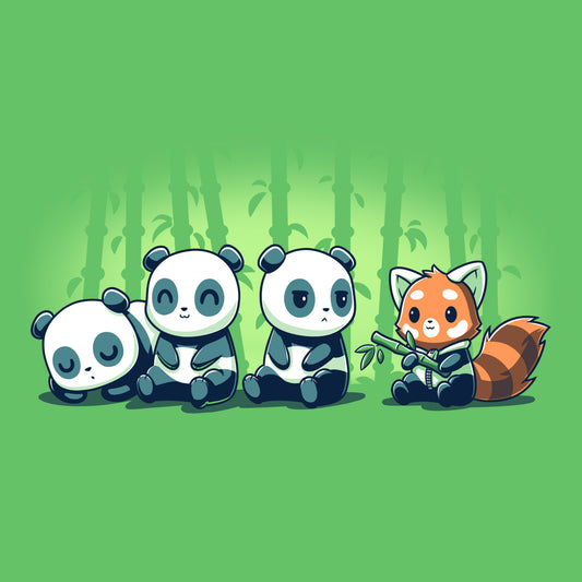 Premium Cotton T-shirt_Teeturtle Just Panda Business Apple t-shirt featuring a a scene of animals with a Red Panda in a zip-up panda-colored hoodie holding a piece of bamboo while trying to blend in with a trio of regular pandas with bamboo outlines behind them.