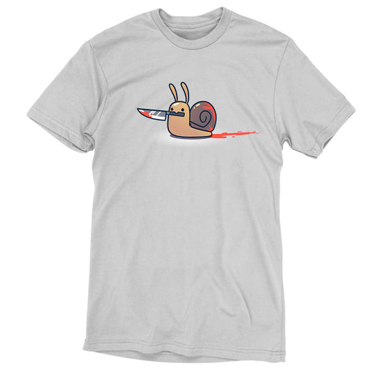 Premium Cotton T-shirt_TeeTurtle silver gray Killer Snail. Featuring a bloody snail holding a bloody knife in its mouth.