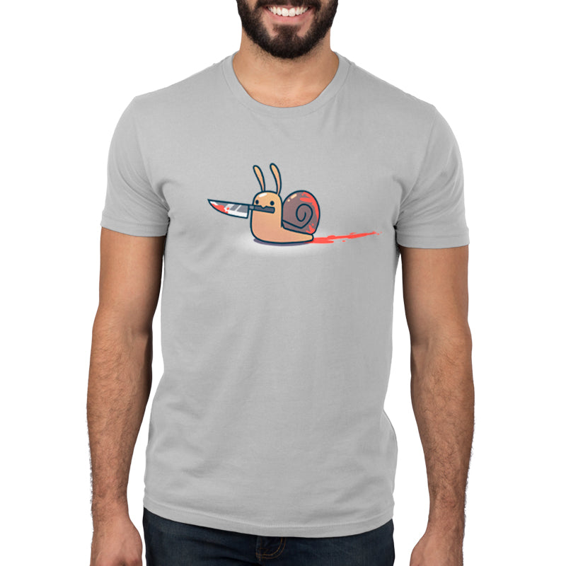 Premium Cotton T-shirt_TeeTurtle silver gray Killer Snail. Featuring a bloody snail holding a bloody knife in its mouth.