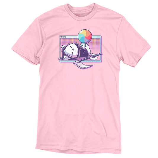 Premium Cotton T-shirt_TeeTurtle pink Kitty Wheel of Death featuring a cat in a grim reaper costume balancing a ball that looks like a loading screen icon with a computer window in the background.