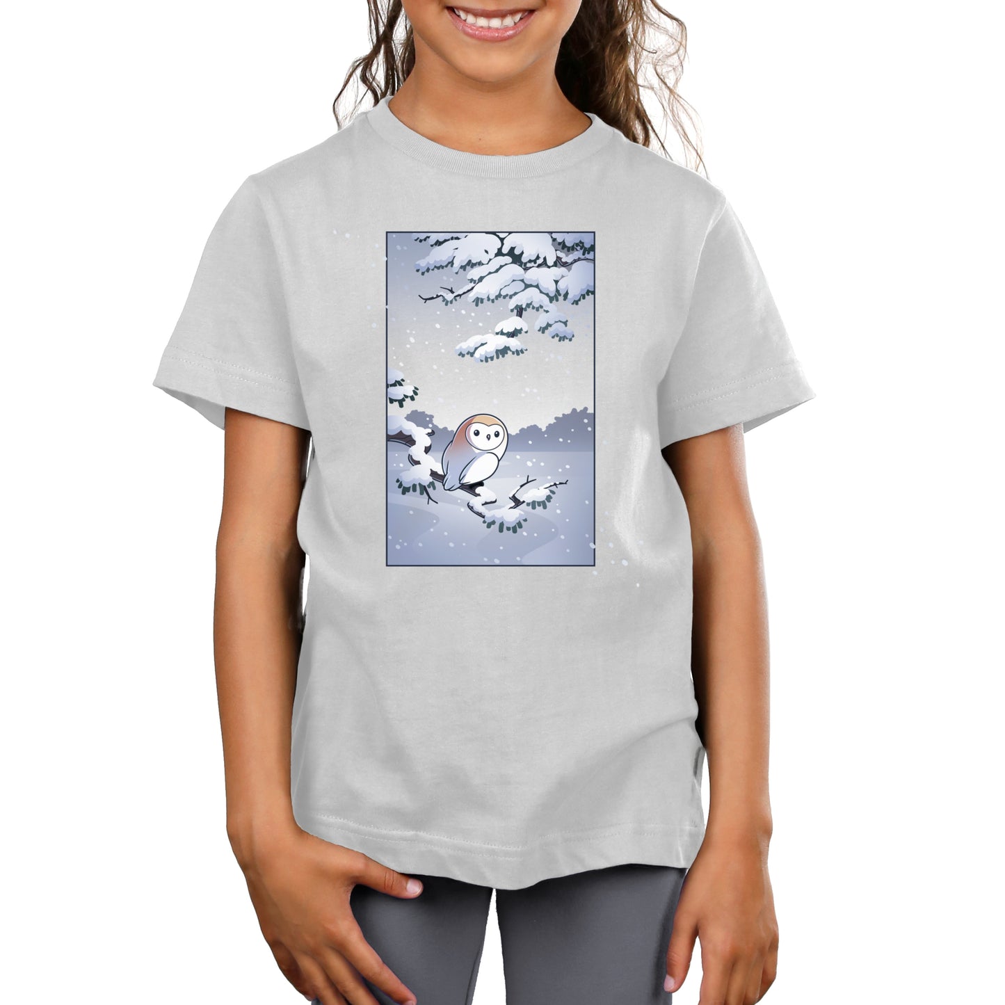 Premium Cotton T-shirt_TeeTurtle silver gray Snowy Owl apparel featuring a barn owl perched on a snowy branch with snow falling in the background.