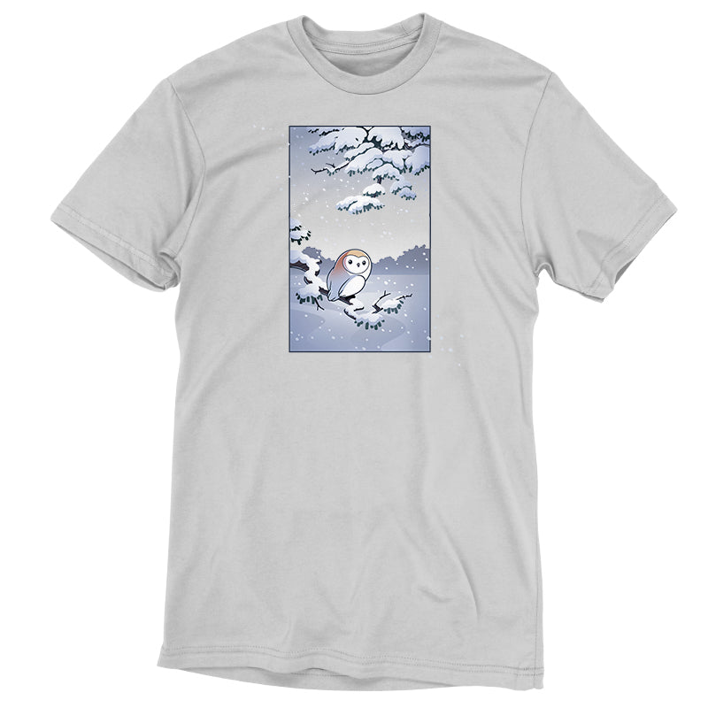 Premium Cotton T-shirt_TeeTurtle silver gray Snowy Owl apparel featuring a barn owl perched on a snowy branch with snow falling in the background.