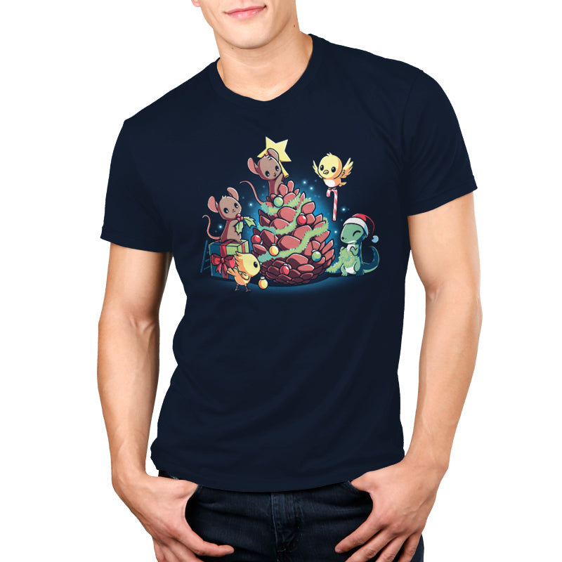 Premium Cotton T-shirt - A fa la la-dorable Teddy Bear wearing a TeeTurtle sweater, surrounded by playful mice and standing next to a beautifully decorated Christmas tree showcasing the Little Critter's Christmas from TeeTurtle.