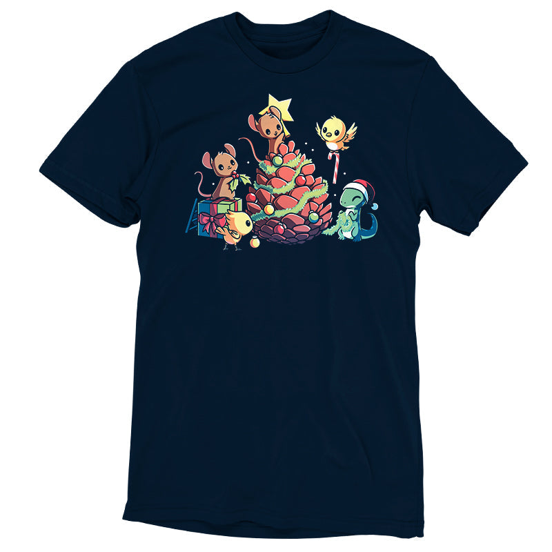 Premium Cotton T-shirt - A fa la la-dorable Teddy Bear wearing a TeeTurtle sweater, surrounded by playful mice and standing next to a beautifully decorated Christmas tree showcasing the Little Critter's Christmas from TeeTurtle.