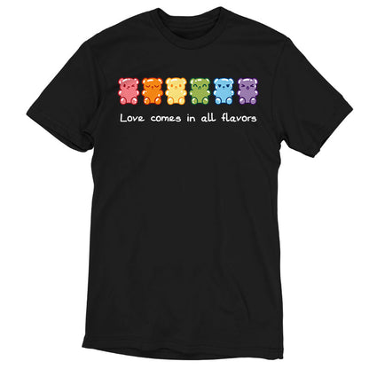 Premium Cotton T-shirt_Image of seven gummy bears in various colors (red, orange, yellow, green, blue, purple) with the caption "Love comes in all flavors." Perfect for pairing with our super soft ringspun cotton Love Comes In All Flavors apparel by monsterdigital.