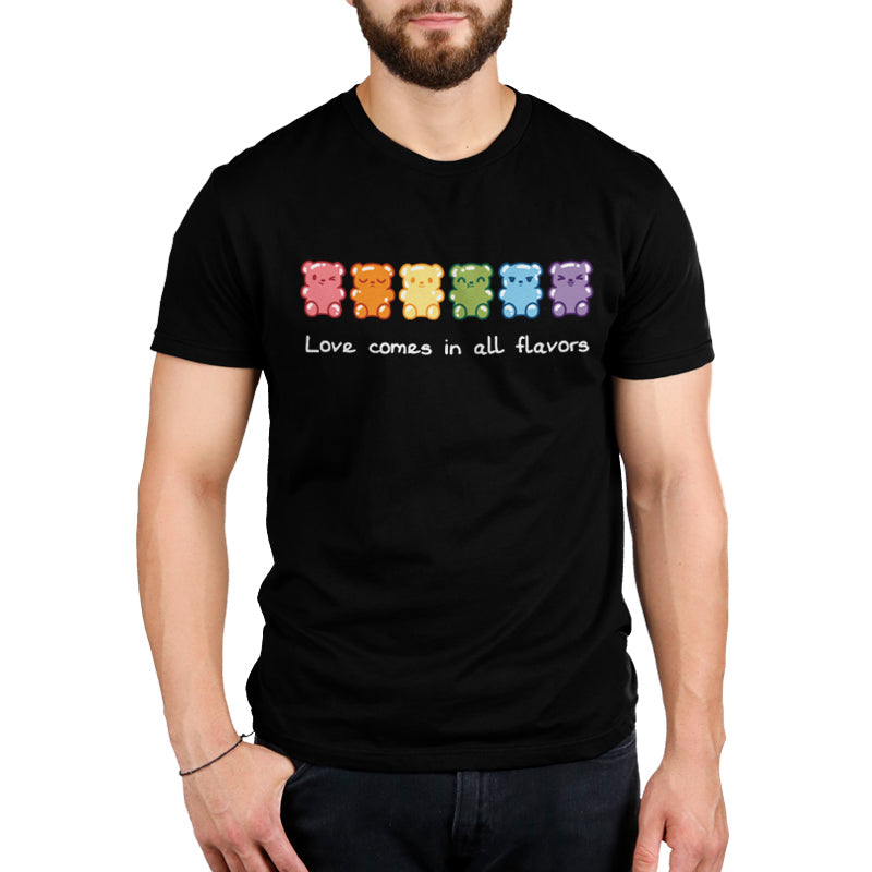 Premium Cotton T-shirt_Image of seven gummy bears in various colors (red, orange, yellow, green, blue, purple) with the caption "Love comes in all flavors." Perfect for pairing with our super soft ringspun cotton Love Comes In All Flavors apparel by monsterdigital.