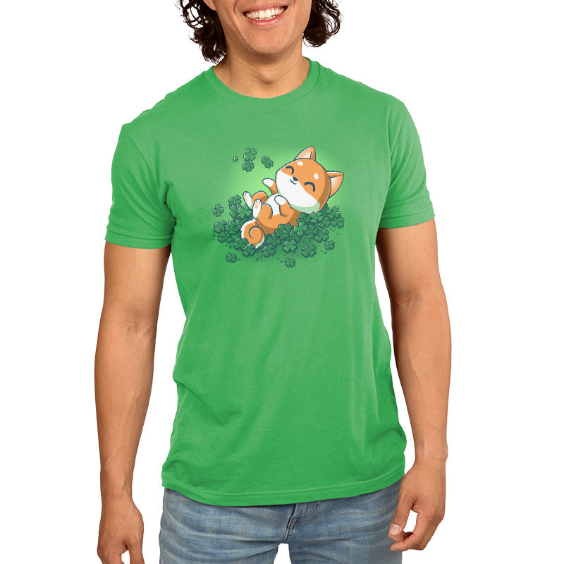 Premium Cotton T-shirt_TeeTurtle Lucky Shiba apple t-shirt featuring a happy shiba inu dog rolling around in four leaf clovers.