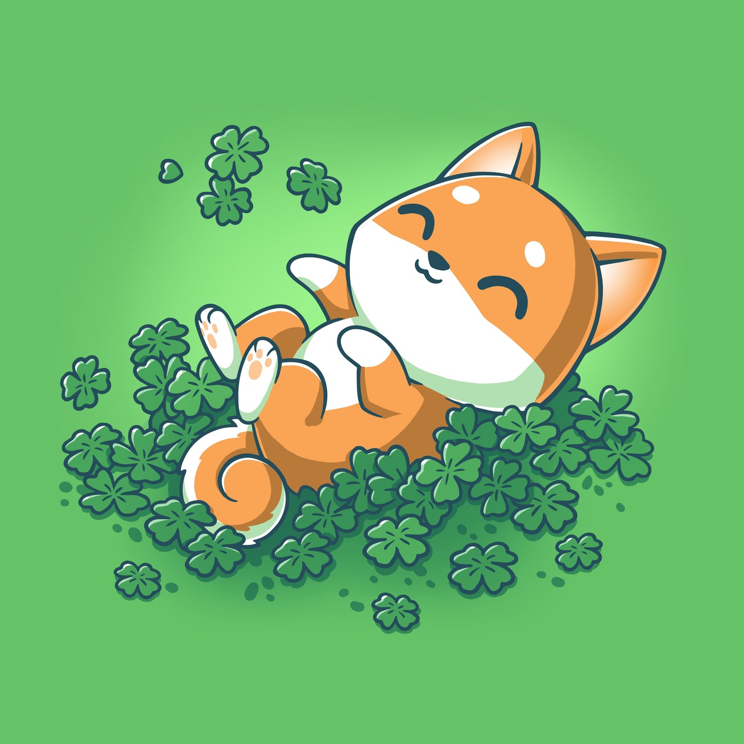 Premium Cotton T-shirt_TeeTurtle Lucky Shiba apple t-shirt featuring a happy shiba inu dog rolling around in four leaf clovers.