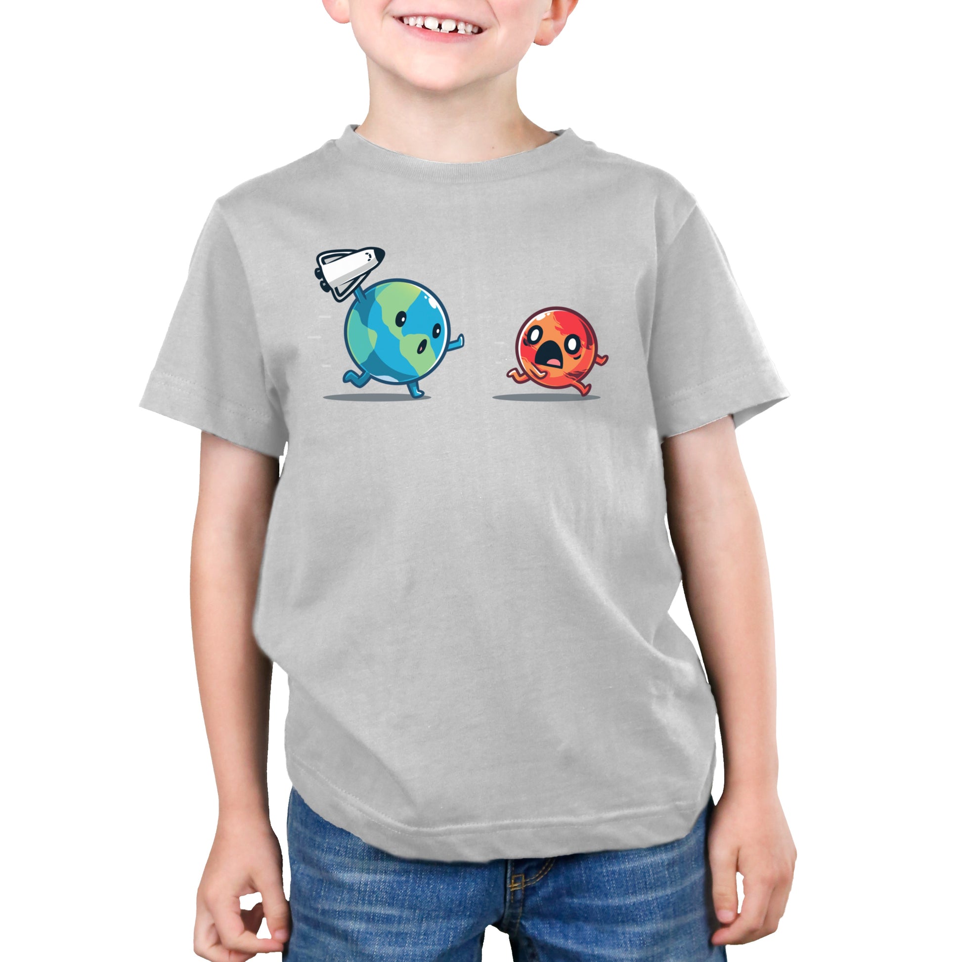 Premium Cotton T-shirt_TeeTurtle Mars Invasion silver gray t-shirt featuring an animated planet Earth holding a toy spaceship chasing an animated planet Mars planet who screams in space. 