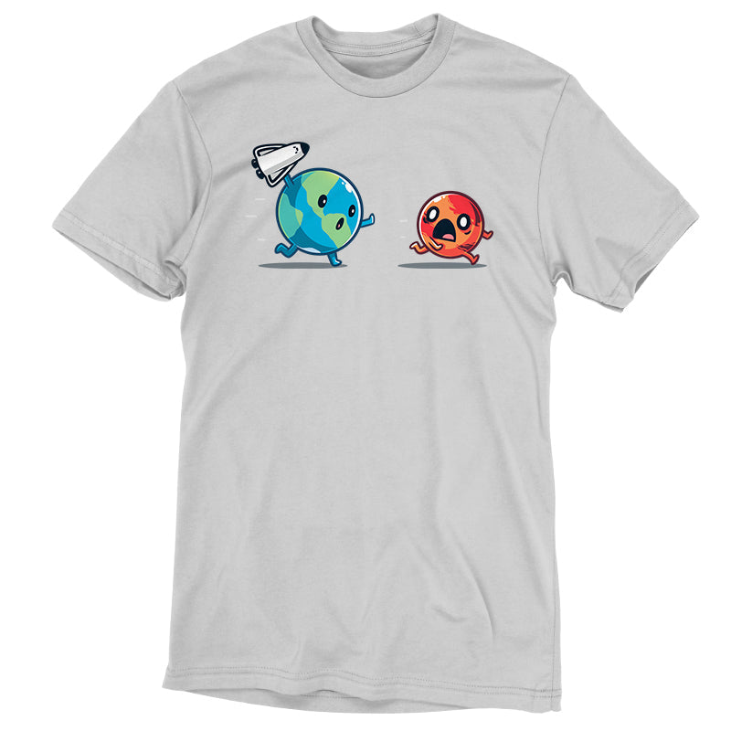 Premium Cotton T-shirt_TeeTurtle Mars Invasion silver gray t-shirt featuring an animated planet Earth holding a toy spaceship chasing an animated planet Mars planet who screams in space. 