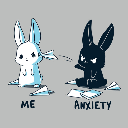 Premium Cotton T-shirt_TeeTurtle Me vs Anxiety silver gray t-shirt featuring an illustration of two cartoon bunnies. A white bunny is labeled 