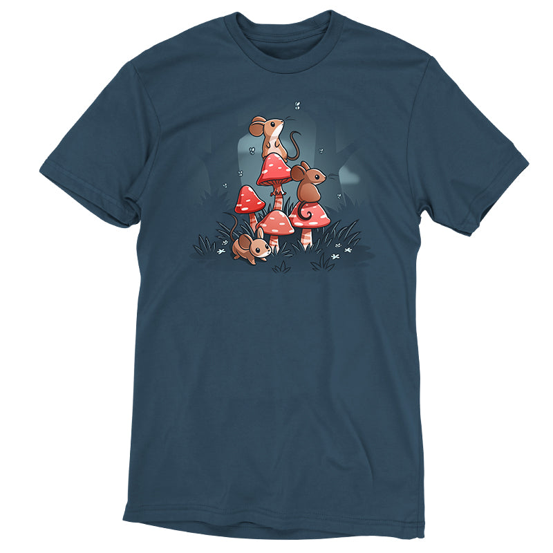 Premium Cotton T-shirt_TeeTurtle denim blue t-shirt Mushrooms & Mice featuring three brown mice grouped around red mushrooms in a cottagecore forest.