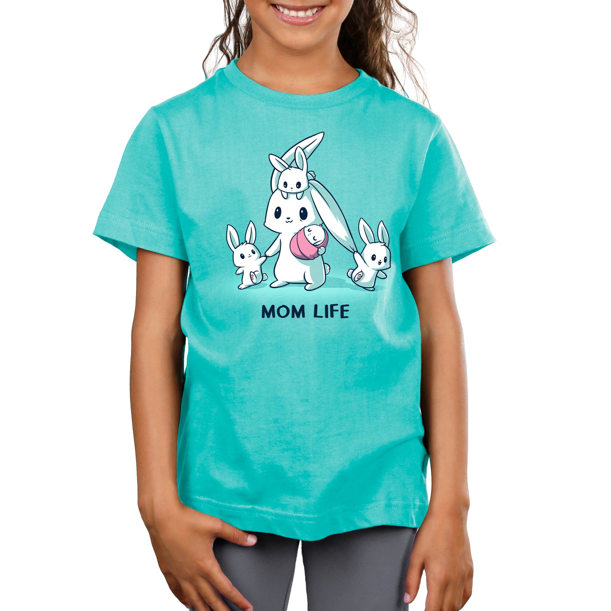 Premium Cotton T-shirt_TeeTurtle Mom Life caribbean blue t-shirt featuring a tired mom bunny surrounded by three little bunnies while she holds a sleeping baby bunny wrapped in a pink blanket. 