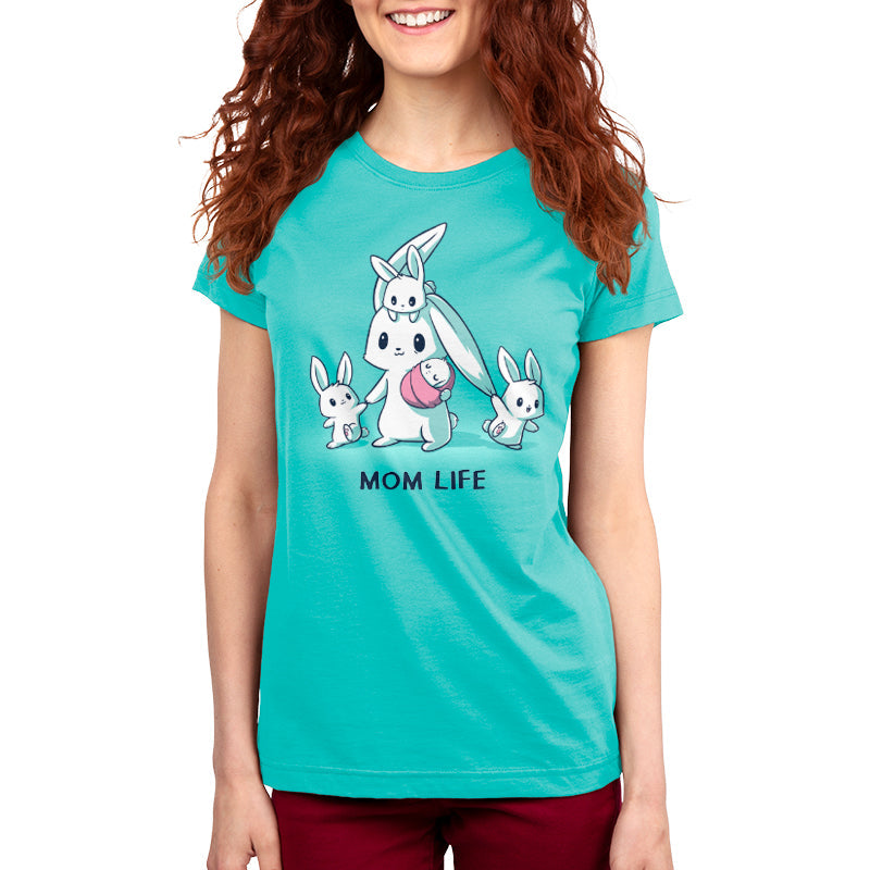 Premium Cotton T-shirt_TeeTurtle Mom Life caribbean blue t-shirt featuring a tired mom bunny surrounded by three little bunnies while she holds a sleeping baby bunny wrapped in a pink blanket. 