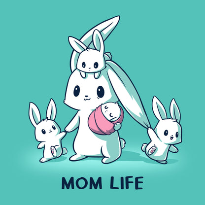 Premium Cotton T-shirt_TeeTurtle Mom Life caribbean blue t-shirt featuring a tired mom bunny surrounded by three little bunnies while she holds a sleeping baby bunny wrapped in a pink blanket. 