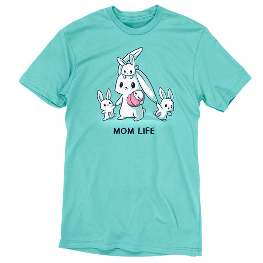 Premium Cotton T-shirt_TeeTurtle Mom Life caribbean blue t-shirt featuring a tired mom bunny surrounded by three little bunnies while she holds a sleeping baby bunny wrapped in a pink blanket. 