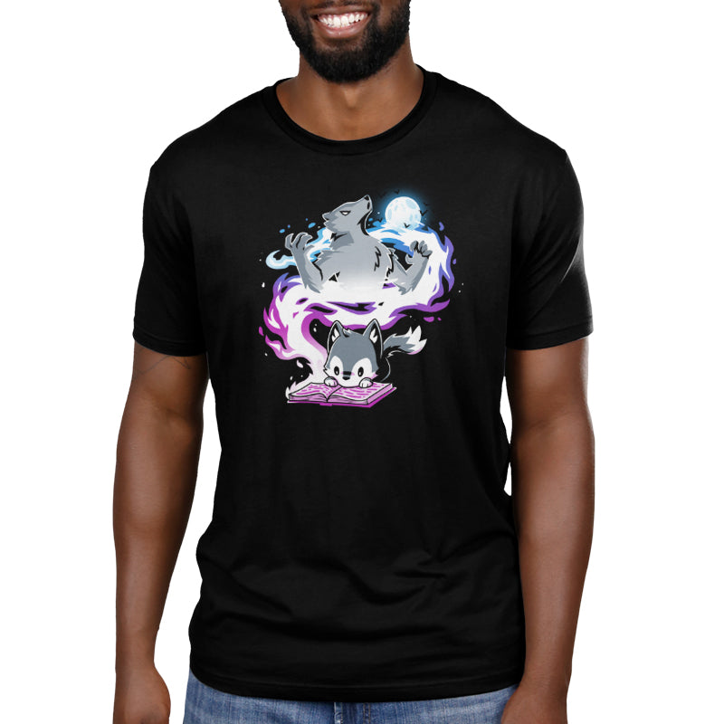 Premium Cotton T-shirt_TeeTurtle Moonlight Tale black Featuring an imaginative wolf cub reading a book.