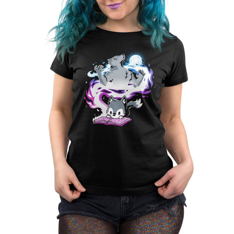 Premium Cotton T-shirt_TeeTurtle Moonlight Tale black Featuring an imaginative wolf cub reading a book.