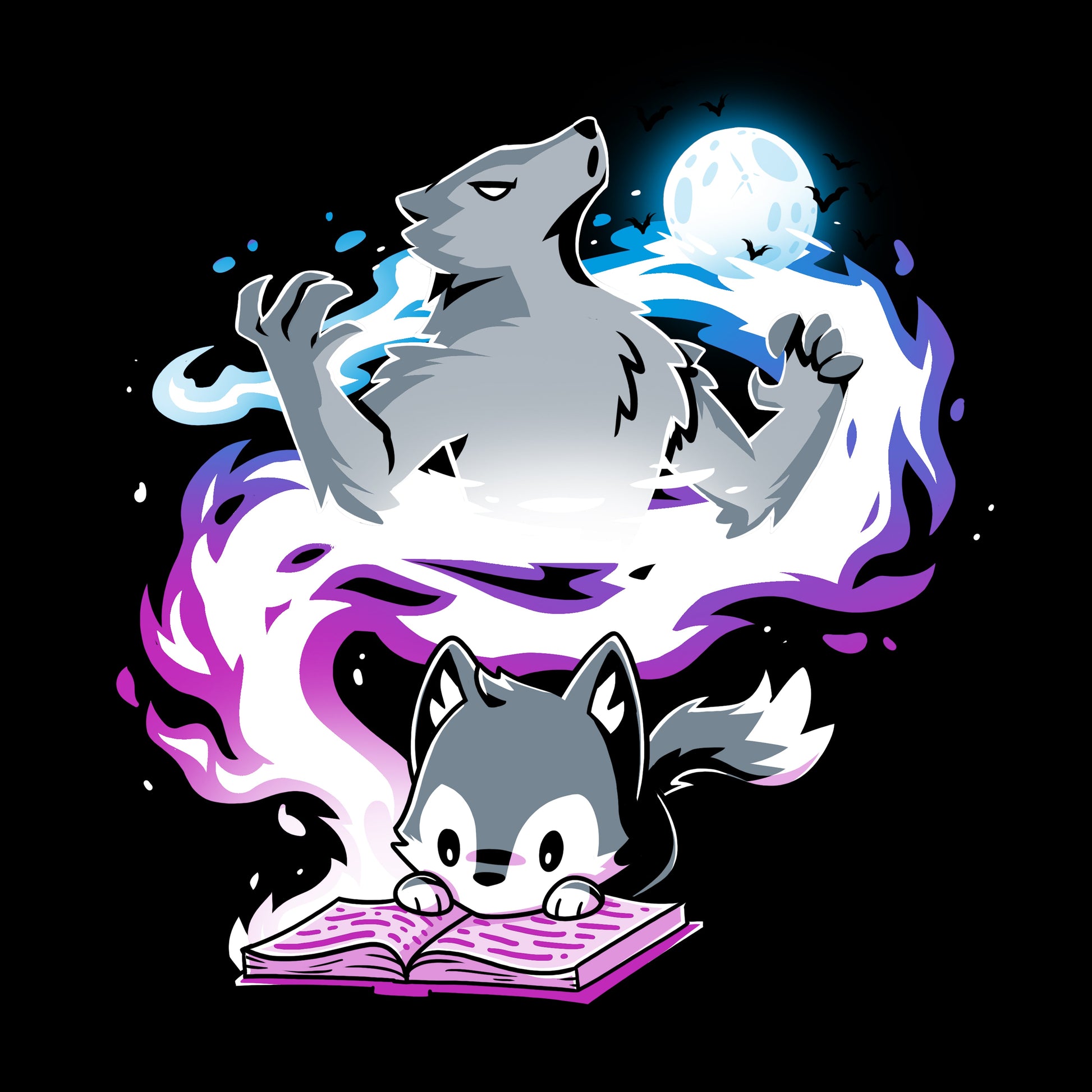 Premium Cotton T-shirt_TeeTurtle Moonlight Tale black Featuring an imaginative wolf cub reading a book.