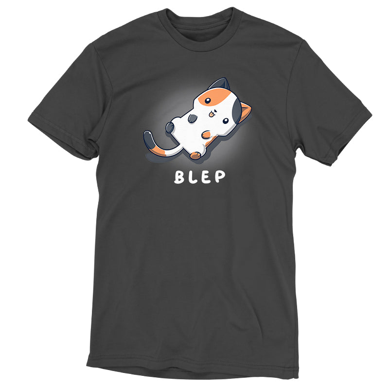 Premium Cotton T-shirt_TeeTurtle Blep Kitty Charcoal Gray t-shirt featuring an illustration of a white and orange cat laying on its back with its tongue sticking out. The word "BLEP" is written below the image.