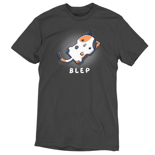 Premium Cotton T-shirt_TeeTurtle Blep Kitty Charcoal Gray t-shirt featuring an illustration of a white and orange cat laying on its back with its tongue sticking out. The word 