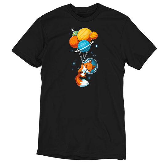 Premium Cotton T-shirt_A cartoon Foxy Astronaut in a space helmet is being lifted by balloons shaped like planets against a dark background. This whimsical design is printed on a super soft ringspun cotton Unisex Tee, perfect for space lovers of all ages. The Foxy Astronaut Unisex apparelby monsterdigital is sure to delight fans everywhere.