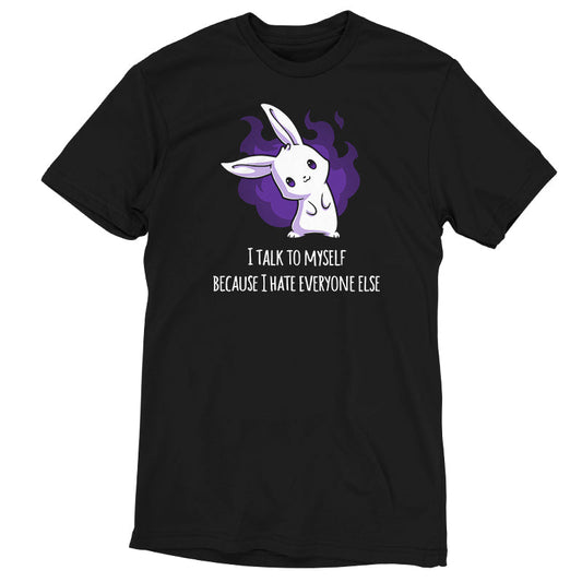 Premium Cotton T-shirt_Teeturtle I Hate Everyone black t-shirt featuring a white bunny with a mischievous expression standing in front of a purple flame. Text below reads, 