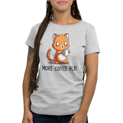 Premium Cotton T-shirt_TeeTurtle More Coffee Pls silver gray t-shirt featuring a cute orange cat looking alert holding a coffee mug with the text "More Coffee Pls!". 