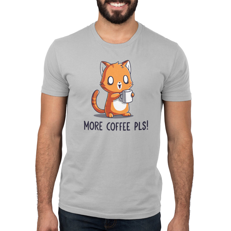 Premium Cotton T-shirt_TeeTurtle More Coffee Pls silver gray t-shirt featuring a cute orange cat looking alert holding a coffee mug with the text "More Coffee Pls!". 