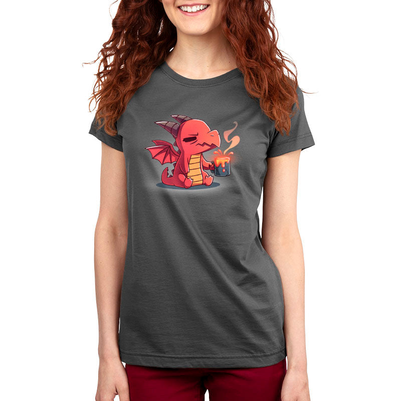 Premium Cotton T-shirt_TeeTurtle charcoal gray Morning Magma. Featuring a sleepy, grumpy red dragon sitting down holding a steaming cup of magma.