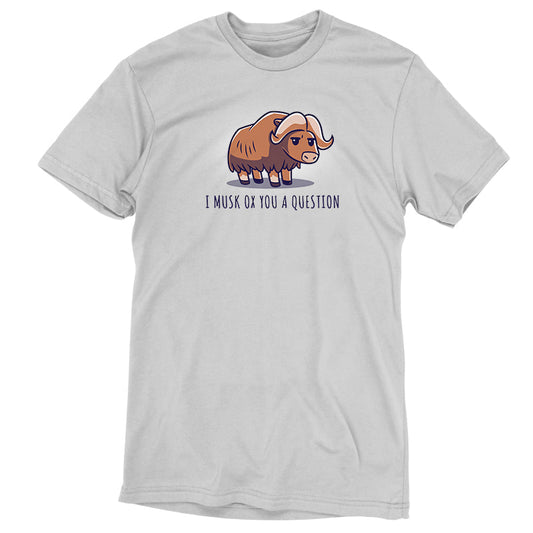 Premium Cotton T-shirt - A light gray unisex apparelmade from super soft ringspun cotton, featuring a cartoon muskox and the pun 