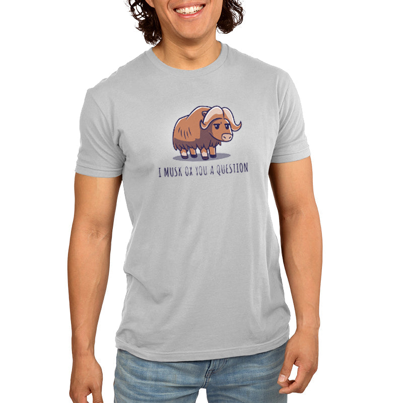 Premium Cotton T-shirt - Man wearing a super soft ringspun cotton gray apparel with the product "Musk Ox You a Question" by monsterdigital, featuring a cartoon musk ox and designed as a unisex tee.