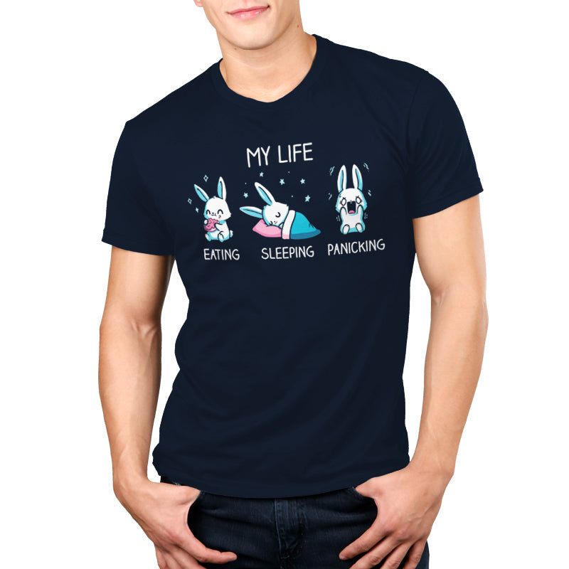 Premium Cotton T-shirt_Teeturtle My Life navy blue t-shirt featuring a white-furred bunny eating, sleeping and panicking with the words 'My Life' above.