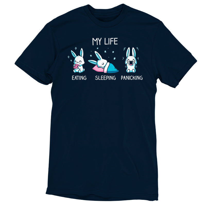 Premium Cotton T-shirt_Teeturtle My Life navy blue t-shirt featuring a white-furred bunny eating, sleeping and panicking with the words 'My Life' above.