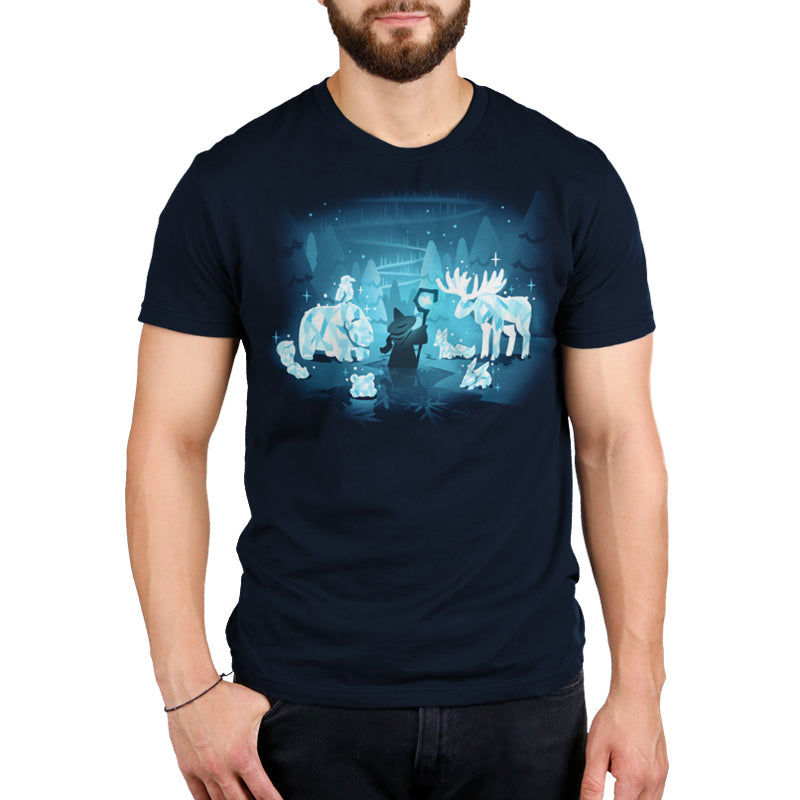 Premium Cotton T-shirt - featuring a shepherd in the woods holding their staff surrounded by beautiful and sparkling ice animals including a bear, stag, bunny, fox, and more