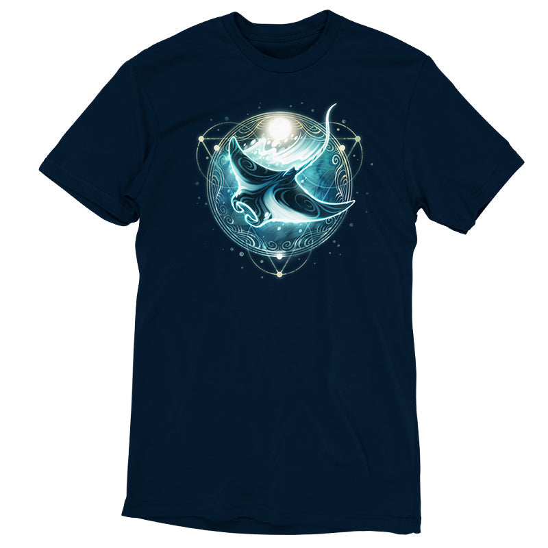 Premium Cotton T-shirt_TeeTurtle Mystical Manta Ray navy blue t-shirt featuring a glowing manta ray with swirling patterns.
